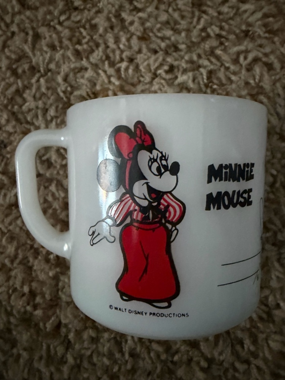 Disney Vintage 1970s Mickey &  Minnie Mouse White and Red Milk Glass Mug